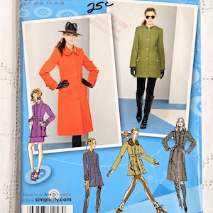 May include: A Simplicity 2057 sewing pattern envelope for a coat, featuring illustrations and photographs of models wearing orange, olive green, purple, tan, and grey coats. The blue packaging includes the Project Runway logo and size P5.