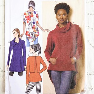 May include: A Butterick sewing pattern envelope, B6248, with illustrations of different tops and a woman in a red cowl-neck sweater. The envelope includes size details and a barcode.