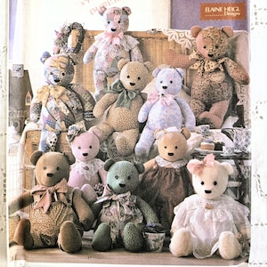 May include: A Simplicity Crafts sewing pattern envelope, number 8418, featuring illustrations of nine distinct teddy bears. The bears are crafted from various patterned fabrics, including floral, plaid, and solid colours, and are adorned with ribbons, lace collars, and small dresses.
