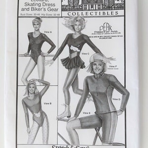 May include: A sewing pattern for a leotard, skating dress, and biker's gear. The pattern includes four different views of the garment, with a model wearing each view. The pattern is from Ann Person Collectibles and is number 304. The suggested retail price is $8.00.