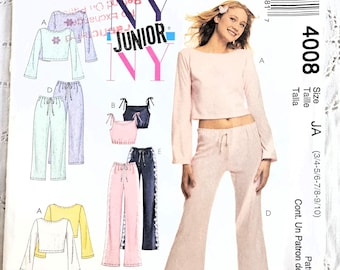 Y2K Junior Lounge Wear, Cropped Long Sleeve or Tie Shoulder Tops, Pull-on Pants, Capris and Shorts, UNCUT McCall's 4008, JR Size 3/4-9/10