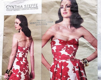 Strapless Designer Dress, by Cynthia Steffe, Princess Seams, Foundation Boning, Pleated to Bodice, UNCUT Vogue 1174, Sizes 4-10 & 12-18