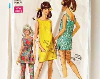 Vintage 60s Separates, Sleeveless & Collarless Mini Dress, Over-Blouse with Tie Belt, Slim Pants, Easy to Sew, Simplicity 7644, Size 12