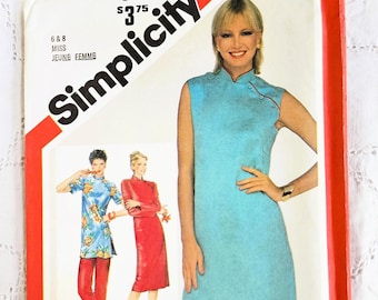 80s Cheongsam Inspired Tunic, Dress & Pants, Oriental Fashion, Mandarin Collar, Asymmetric Buttons, UNCUT Simplicity 5137, Size 6-8