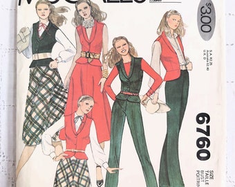 70s Wardrobe Separates, Shawl Collar Vest, Bias Cut Flared Skirt, Narrow Leg Pants, Retro Office Wear, UNCUT McCall's 6760, Size 8, Bust 31