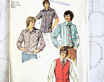 1970s Men's Vest & Button Front Shirt, Long or Short Sleeves, UNCUT Simplicity 5047, Size 40