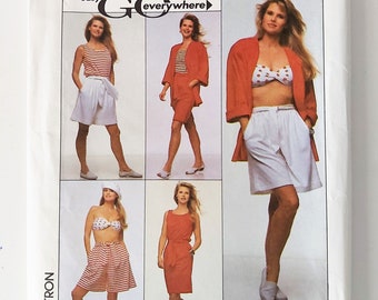 1980s Summer Separates, Pull-on Slim Skirt, Baggy Shorts, Tank Top, Bandeau Top, Boxy Jacket, Easy to Sew, UNCUT Simplicity 9156, Sizes P-L