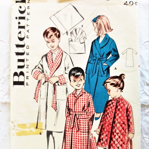 Vintage 50s, Boys' & Girls' Robe and Travel Bag, Double-Breasted, Wrap with Belt, Button Front Duster, UNCUT Butterick 9056, Child Size 6