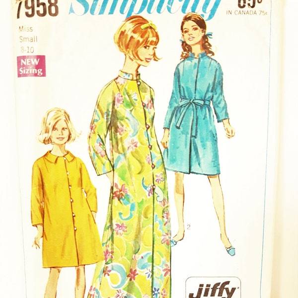 Vintage 1960s Kimono Sleeve Robes with Button or Snap Closing, Stand Up Collars and Side Pockets, Jiffy Simplicity 7958, Size S (8-10)