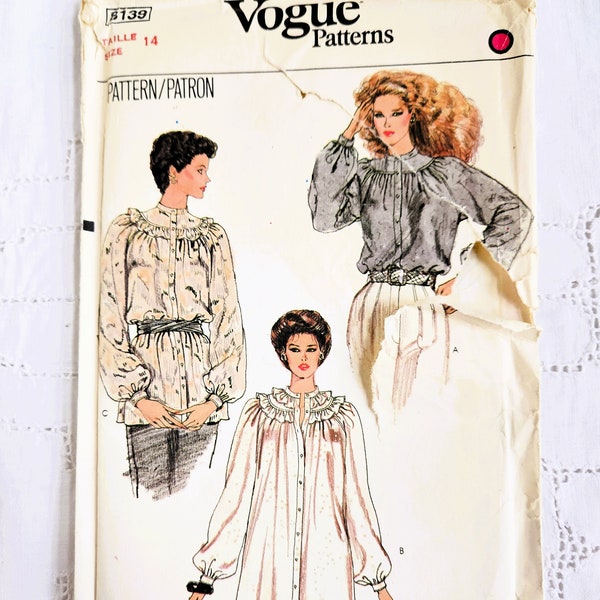 80s Peasant Tops with Neckline Gathers, Raglan Sleeves, Yoke Ruffle, Loose Fit Blouse, Granny Chic, UNCUT Vogue 8139, Size 14