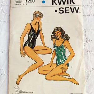 May include: A vintage sewing pattern for two swimsuit styles. The pattern is called "KWIK-SEW" and is for sizes 6-8-10-12. The pattern features two women wearing the swimsuits, one in black and one in green with white polka dots.