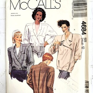 May include: A sewing pattern for three different jackets. The pattern is for size 12 and is from McCall's. The jackets are shown in white, brown, and black and white plaid.
