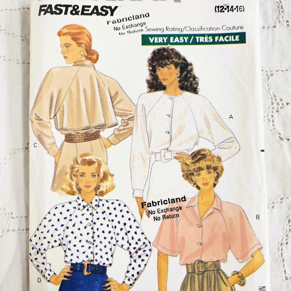 80s Loose-Fitting Shirts, Long or Short Raglan Sleeves, Collar or Jewel Neckline, Back Overlay Shield, UNCUT Butterick 3029, Size 12-14-16