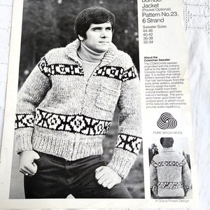 May include: Vintage black and white Cowichan sweater pattern. The image shows a man wearing a gray bomber jacket with black and white geometric patterns. The pattern includes sizing information and details about the sweater's origin.