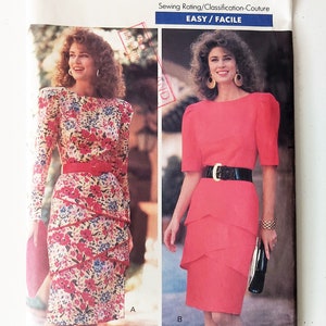 80s Fitted Dress, Tapered Skirt with Tiers, Waistline Seam, Hemline Slit, Big Shoulders, by David Warren, Butterick 3662, Sizes 12-14-16