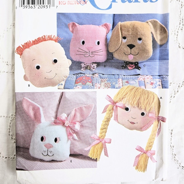 Head Shaped Throw Pillows, Pussy Cat, Puppy Dog, Bunny Rabbit, Boys & Girls, Child's Room Decor, Pillows with Faces, UNCUT Simplicity 7871
