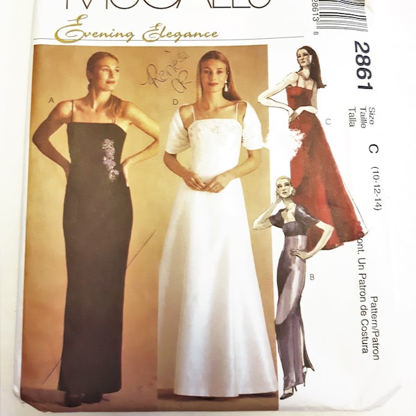 Elegant Evening Dress with Empire Waist, Straight or Flared Skirt & Wrap or Cover Up, UNCUT McCall's 2861 Sizes 10-12-14