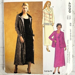 May include: McCall's sewing pattern with illustrations of women's clothing designs. The pattern includes a long coat, a blazer with a dress, and a suit with a long dress. The pattern number is 4239, and the size is FF (16-18-20-22).