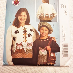 Mother & Daughter Folk Art Cat Appliques for Shirts, Beret, Purse and Pin, Cat Accessories, Whistlepig Creek, Cat Lady, UNCUT McCall&#39;s 5018