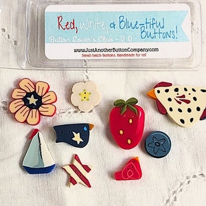 Red White & Blue-tiful Buttons from Just Another Button Company, Embellishments for Handstitched Projects, Unique Handmade Buttons