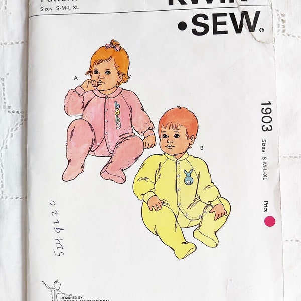 80s Baby Sleeper, Stretch Knit Onsie, Snap Front Thru Inside Legs, Long Sleeve with Feet, UNCUT Kwik Sew 1903, Baby Size S-M-L-XL (NB-18Mo)