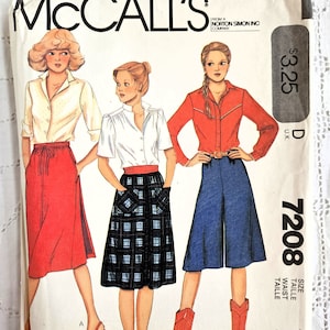 May include: Vintage McCall's sewing pattern for a skirt, size 7-8, waist size 23 inches. The pattern shows three different styles of skirts: a red A-line skirt, a plaid skirt with pockets, and a blue denim culotte skirt. The pattern is from Norton Simon Inc. and costs $3.25.