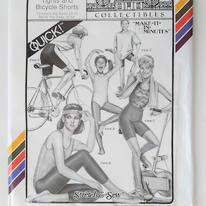 May include: A sewing pattern for tights and bicycle shorts. The pattern includes four different views: a pair of tights, a pair of bicycle shorts, a pair of tights with a shirt, and a pair of bicycle shorts with a shirt. The pattern is titled "313 Tights and Bicycle Shorts" and is from the "Ann Person Collectibles" line. The pattern is labeled "Quick!" and "Make It In Minutes".