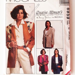 May include: A sewing pattern for a jacket with different design variations. The pattern is from Creative Woman's Sewing Patterns by Nancy Zieman for McCall's. The pattern number is 6959 and the size is G (20, 22, 24).