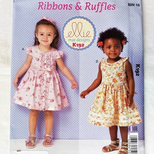 Little Girls&#39; Summer Dresses, Gathered Skirt, Ruffles, Sleeve Options and Back Tie Belt, UNCUT Ellie Mae 192, Toddler Sizes T1-T2-T3-T4