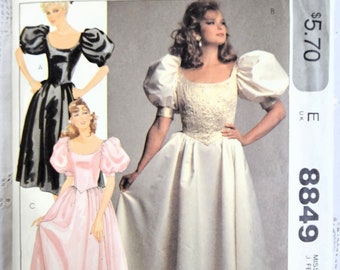 80s Wedding Fashion, Fitted Bodice, Shaped Waistline with Gathers, Mutton Sleeves, Hemline Ruffle, UNCUT McCall&#39;s 8849, Size 12 & 14