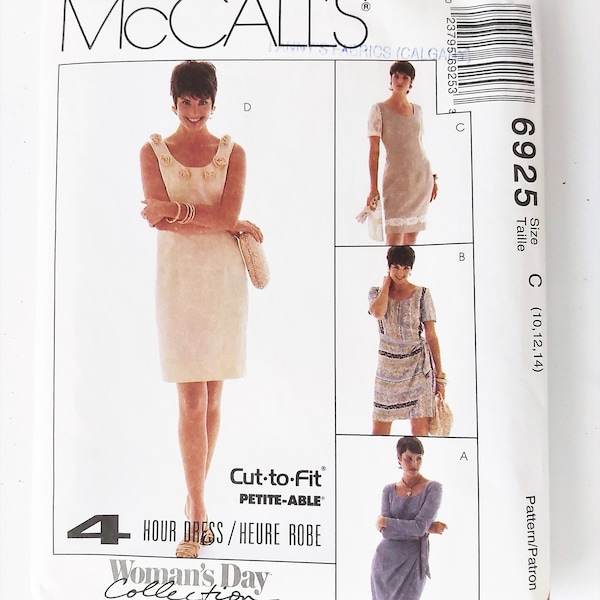 Classic 90s Dress, Faux Wrap, Mock Sarong, Easy to Sew, Shift Dress, Sleeve Variations, Fabric Roses Trim, McCall's 6925, Sizes 10-12-14