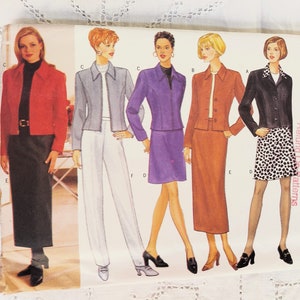 May include: A sewing pattern for four different jackets and skirts. The pattern is for sizes 6-8-10. The pattern is from Butterick, a brand of sewing patterns. The pattern is called "Fast & Easy Classics".