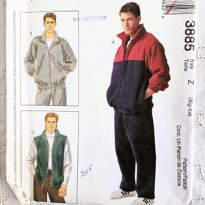 May include: A sewing pattern for a men's tracksuit. The pattern includes instructions for a jacket, trousers, and a waistcoat. The pattern is for sizes X-Large to XX-Large. The pattern is from McCall's and the pattern number is 3885.