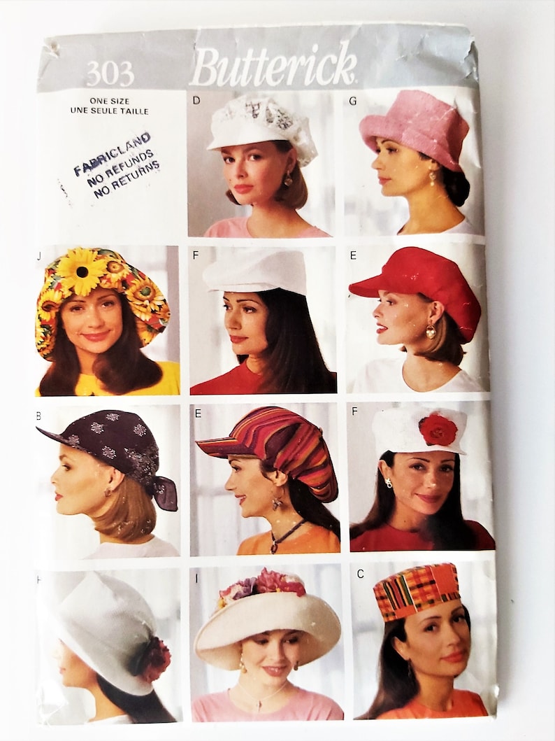 Puede incluir: Un patr&oacute;n de costura para 10 estilos de sombreros diferentes. El patr&oacute;n es de Butterick y es de talla 303. Los sombreros incluyen un sombrero de sol blanco con una flor, una gorra de b&eacute;isbol roja, una gorra blanca con una flor, una gorra a rayas, una gorra blanca con una flor, una gorra blanca con una flor, una gorra blanca con una flor, una gorra blanca con una flor, una gorra blanca con una flor, y una gorra blanca con una flor.
