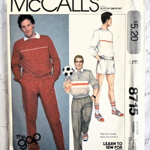 May include: A McCall's sewing pattern for men's clothing, pattern number 8715. The pattern includes instructions for a long-sleeved shirt and pants. The pattern is for a large size and is priced at $5.20.