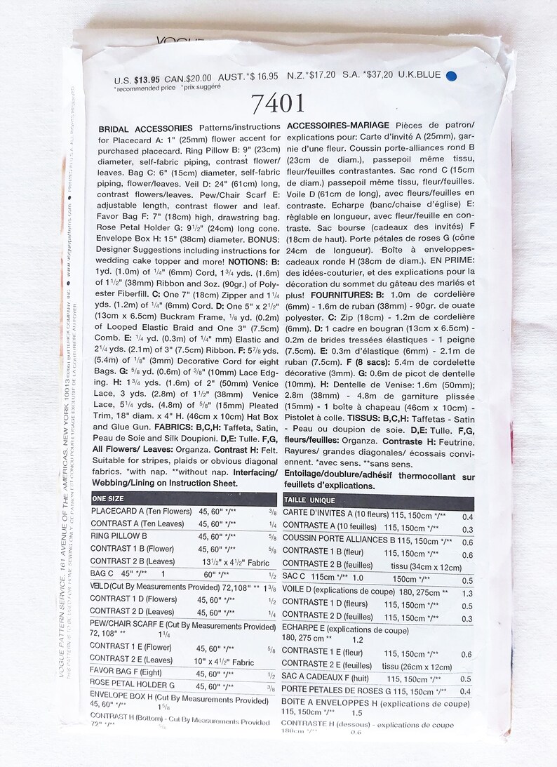 Puede incluir: Una gu&iacute;a de patrones de costura para accesorios de novia, que incluye una tarjeta de lugar, un coj&iacute;n para anillos, una bolsa, un velo, una bufanda, una bolsa de regalo, un porta p&eacute;talos de rosa y una caja para sobres. El patr&oacute;n incluye instrucciones y nociones para cada art&iacute;culo. El patr&oacute;n es para una talla &uacute;nica.