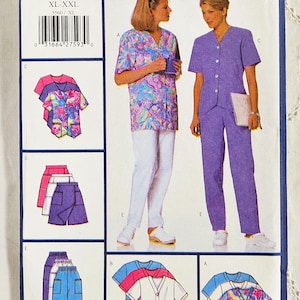 Peut inclure: Patron de couture Butterick Professional Uniform Basics 5560. Le patron propose des hauts et des pantalons en tailles XL-XXL. L'image montre des exemples de vêtements finis, dont un haut à imprimé floral et un uniforme violet uni.