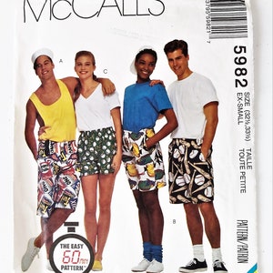Retro 1990s, Unisex Boxer Shorts in Three Lengths, Border Shorts, UNCUT McCall's 5982, Size XSmall (Hip 32-33) & Large (Hip 42-44)