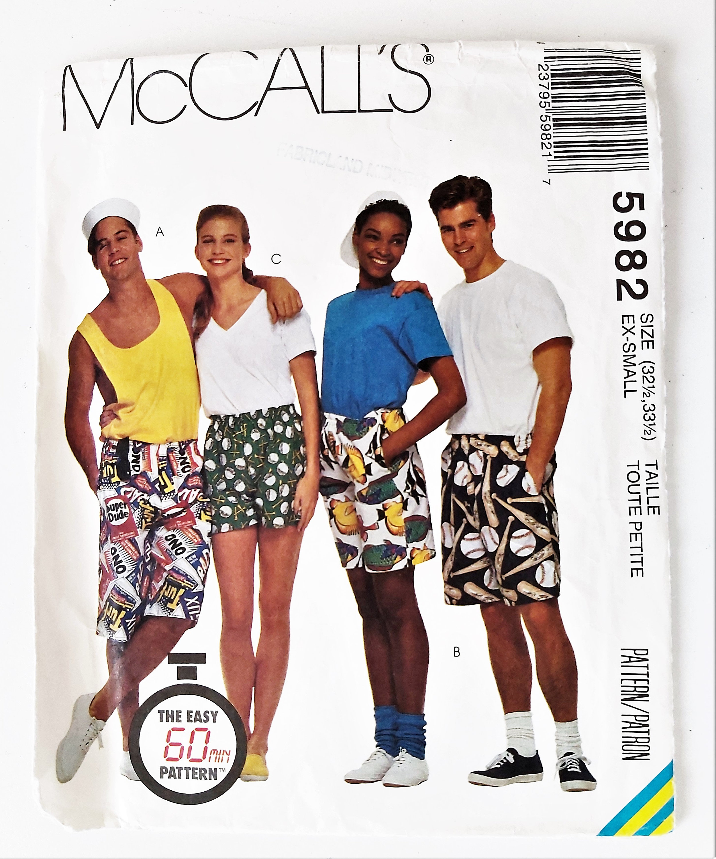 Retro 1990s, Unisex Boxer Shorts in Three Lengths, Border Shorts, UNCUT  Mccall's 5982, Size Xsmall hip 32-33 & Large hip 42-44 