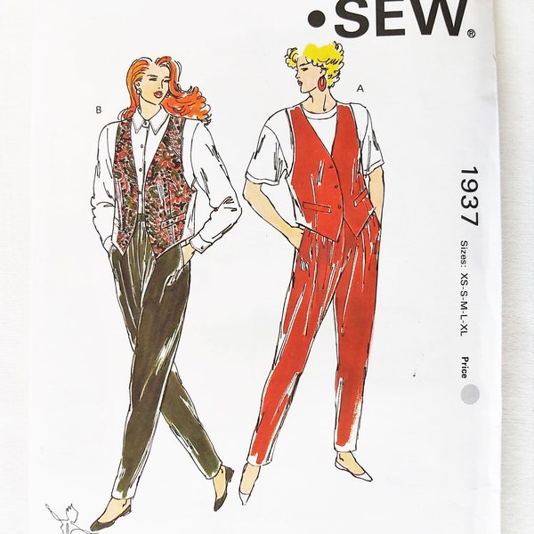 Retro 80s Tapered Pants with Front Tucks and Elastic Waist & Vest with Welt Pockets and Back Ties, UNCUT Kwik Sew 1937, Sizes XS-S-M-L-XL