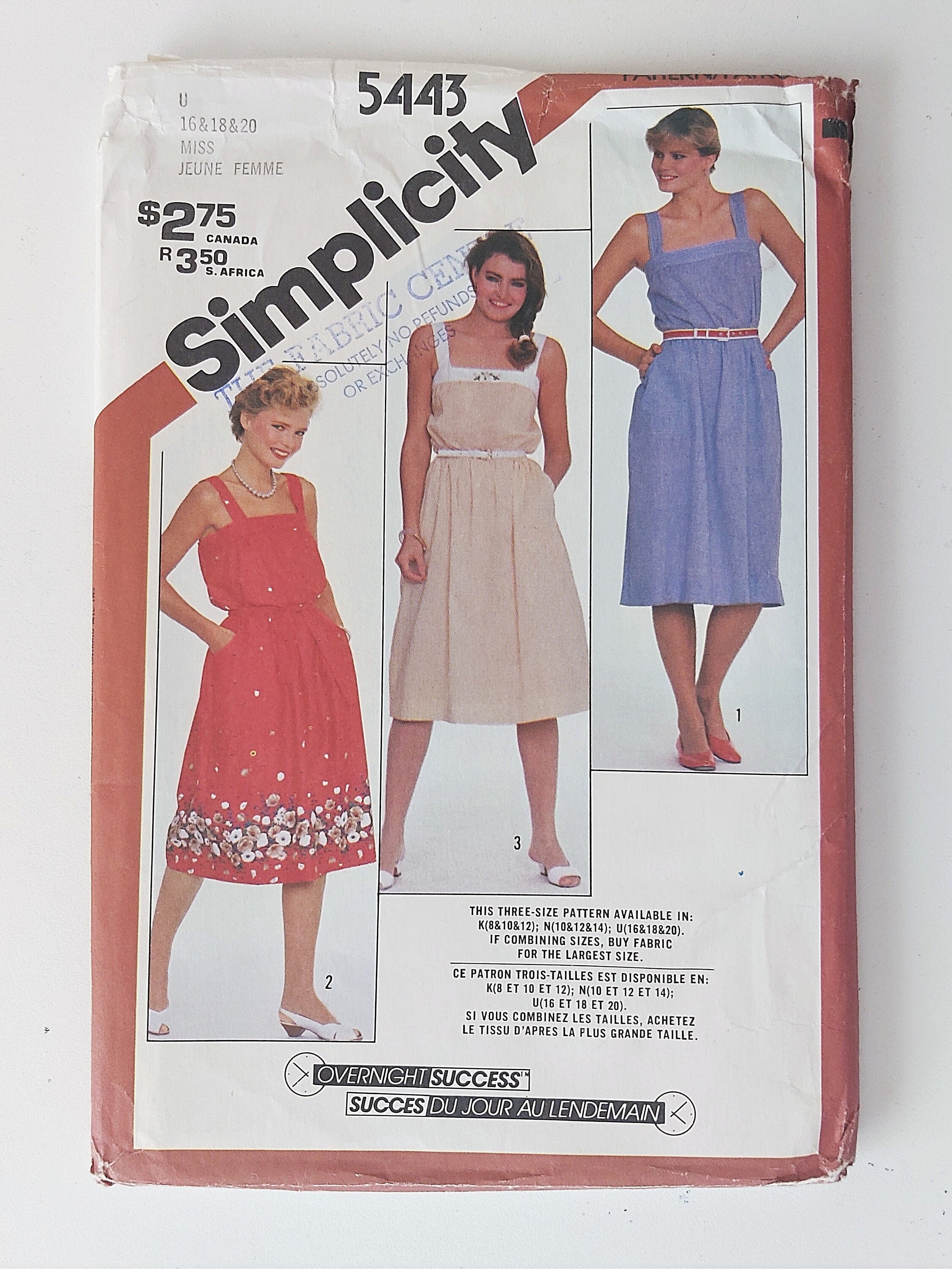 Retro 80s Plus Size Sundress, Shoulder Straps, Gathered to Elastic Waist, Optional Belt, Easy to Sew, UNCUT Simplicity 5443, Sizes 16-18-20