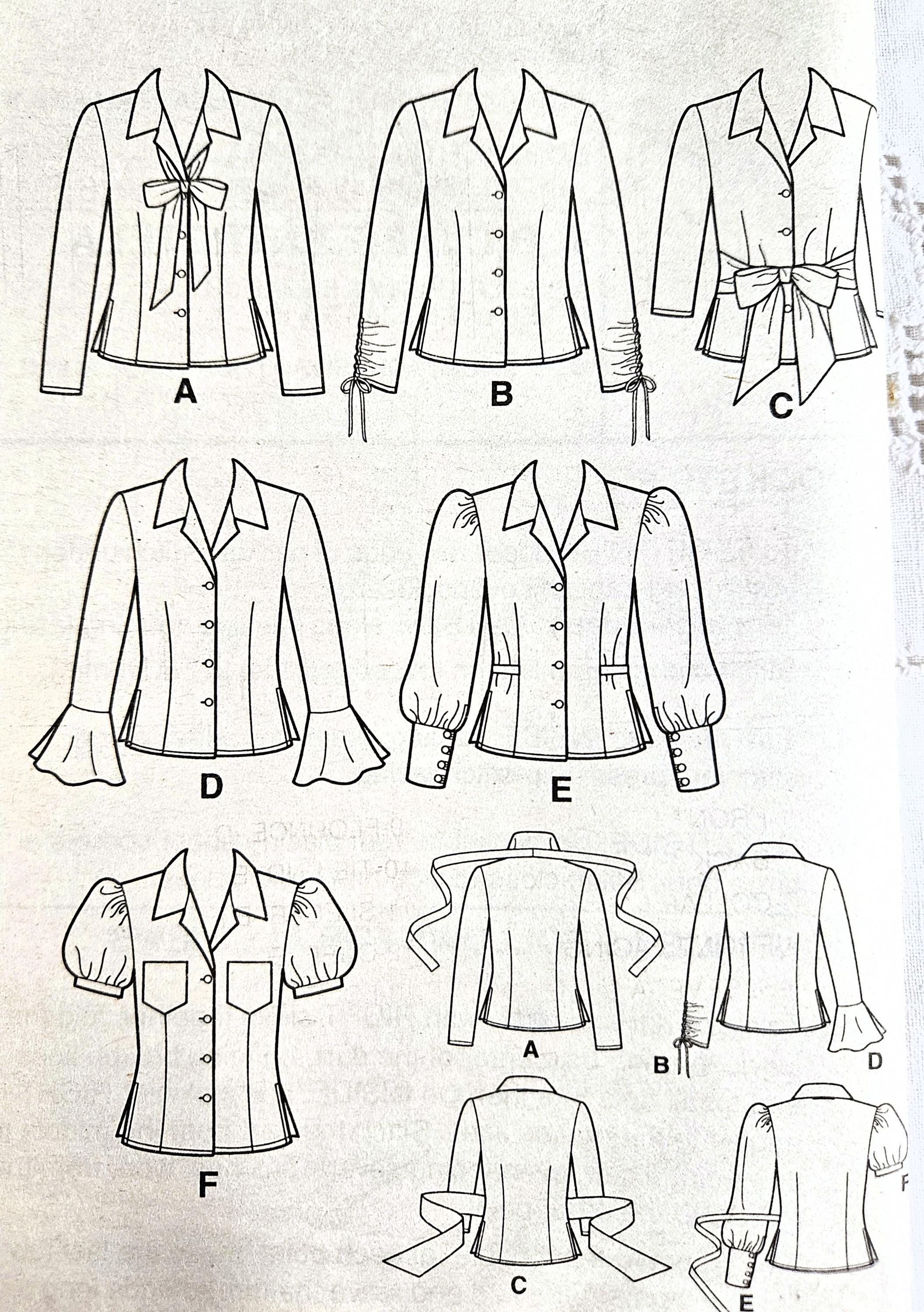 Button Front Blouses, Sleeve & Bodice Variations, Notched Collar, 6 ...