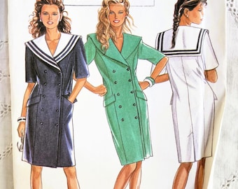 80s Double Breast Dress, Sailor Collar, Short Sleeves, Princess Seams, Back Vent, Slant Flap Pockets, UNCUT New Look 6532, Size 6-8