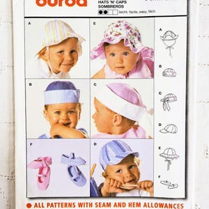 May include: A Burda pattern for baby hats and caps. The pattern includes various hat styles, such as a sun hat, a sailor cap, and a baseball cap. The image shows babies wearing the hats. The pattern includes seam and hem allowances.