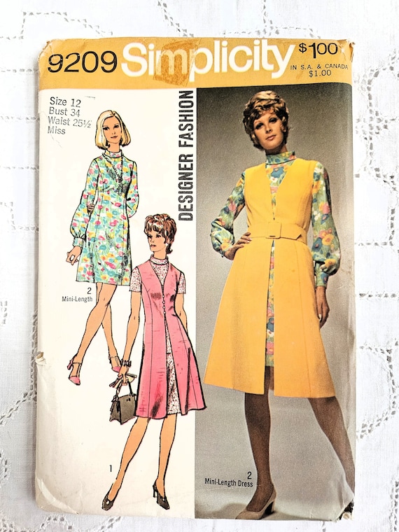 Retro 70s Designer Fashion, Belted Dress With Vest-coat, Princess Seams,  Bias Roll Collar, Sleeve Variations, UNCUT Simplicity 9209, Size 12 - Etsy