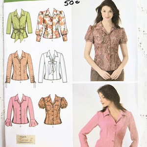 Button Front Blouses, Sleeve & Bodice Variations, Notched Collar, 6 Looks 1 Pattern, UNCUT Simplicity 4487, Size 8-16
