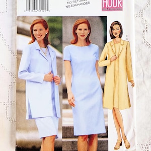 Peut inclure: Un patron de couture pour une robe et une veste. Le patron comprend trois vues différentes : une robe avec une veste, une robe sans veste et une veste. Le patron est de FabricLand et fait partie de la collection Three Hour.