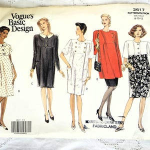 May include: A Vogue's Basic Design sewing pattern with illustrations of five dress designs. The pattern includes a polka dot dress, a black dress, a white dress, a red dress, and a black and white floral dress. The pattern size is 8-10-12.