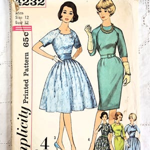 May include: Vintage Simplicity dressmaking pattern envelope. The cover displays illustrations of four dress designs. The main image shows two women in dresses. Pattern number 4232, size 12, bust 32. Printed Pattern 65c.