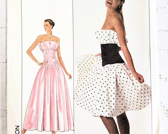 Retro 80s Strapless Cocktail or Evening Dress, Fitted Midriff with Ruching, Ruffled Bodice, Flared Skirt, UNCUT Simplicity 8949, Size 10
